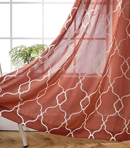 MIUCO Moroccan Embroidery Semi Sheer Curtains Faux Linen Grommet Curtain Panels for Kids Room 52 x 84 Inch 2 Panels, Rust
