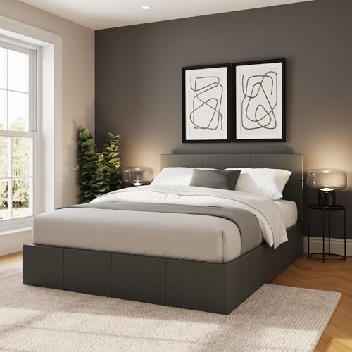 GFW Classic Side Lift Double Grey Faux Leather Ottoman Bed, Storage Bed with Hydraulic Lift and Stitched Headboard