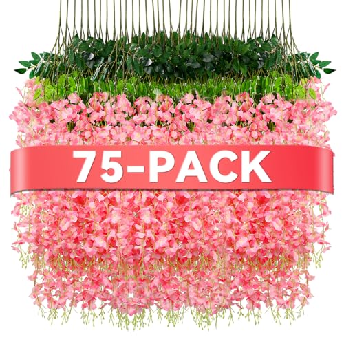Alotiki Wisteria Hanging Flowers,75 Pack Fake Hanging Flowers,Wisteria Artificiales Garland for Home Wedding Arch Floral Party Garden Ceremony Outdoor Decor,3.6 Feet Long(75,Pink)