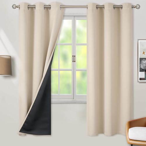 BGment Thermal Insulated 100% Blackout Curtains 72 Inch Length 2 Panels, Total Light Blocking Curtains for Bedroom, Grommet Window Drapes with Thick Black Liner, 42 Inch Wide Each Panel, Champagne