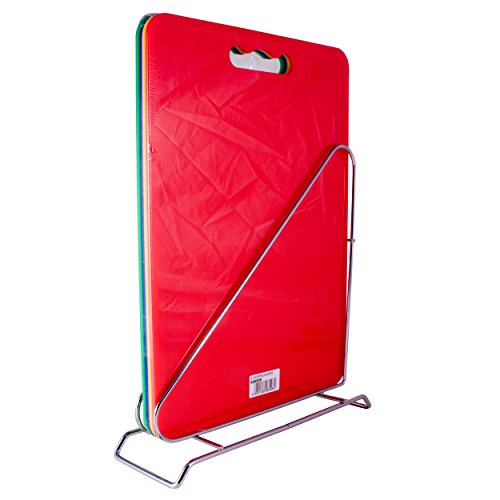 Fackelmann Chopping Boards with Stand, Small Set of 5, Plastic Cutting Mats - with Metal Wire Storage Rack, Multi-Purpose Kitchen Helper, 24.5x14.8x5.5cm, Yellow Orange Green Blue and White