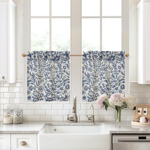 DriftAway Kitchen Curtain Floral Tier Linen Short Watercolor Flower Patterned Cafe Curtains 24 Inch Length for Living Room Bathroom Julia Farmhouse Rustic Drapes Rod Pocket 2 Panels Navy