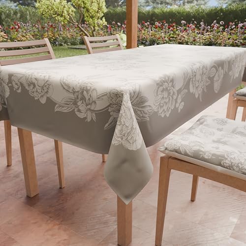 PETTI Artigiani Italiani - Stain Resistant Tablecloth Rectangular 140x180 cm 6 Seats, Wipe Clean Microfibre Kitchen Table Cover, Peonies Design Grey, 100% Made in Italy