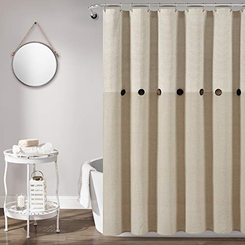 "Lush Decor Beige Linen Woven Cotton Shower Curtain, Farmhouse Button Stripe, Yarn Dyed (72"" x 72"")"