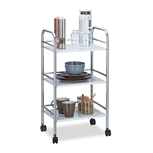 Relaxdays Metal Home Serving Cart with 3 Shelves, Tiers Kitchen Trolley with Handles, Side Cart HxWxD 75x40.5x31 cm, White