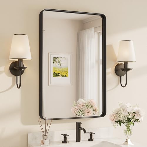 TETOTE Black Framed Bathroom Mirror, 24x36 Inch Matte Metal Frame Vanity Mirror, Farmhouse Wall Mounted Rectangle Mirror (Horizontal/Vertical)