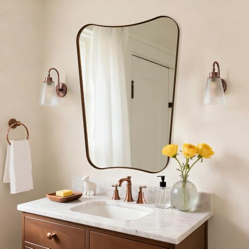 "ANDY STAR Brushed Bronze Asymmetrical Mirror, 24""x32"" Bathroom Mirror for Wall with Premium Stainless Steel Thin Frame, Italian Curved Mirror Decorative for Bathroom, Powder Room, Entryway"