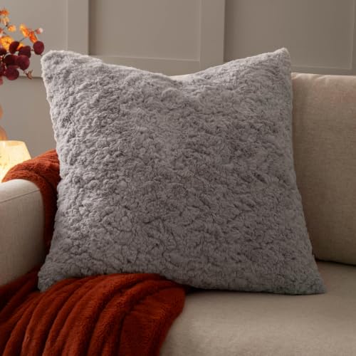 furn. Megeve Cushion Cover (Grey - 55x55cm) - Ultra Soft Faux Fur Plush Cosy Feel Fluffy Decorative Case