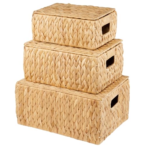 Set of 3 Wicker Baskets with Lid - Woven Storage Basket with Lid - Decorative Storage Boxes for Bathroom, Bedroom and Shelves