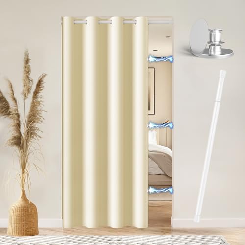 Vatge Magnetic Door Curtain with Rod - W52 x L82, 1 Panel, Light Beige - Door Curtain for Doorways, Room Divider for Living Room