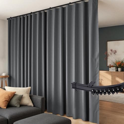 Room Divider Curtains Flexible Ceiling Tracks set Curtain track Ceiling Mount Blackout Curtain for Living Room Bedroom Ceiling Curtain Rod Privacy Dividers Panels W100 x H120 Grey Drape & Black rail