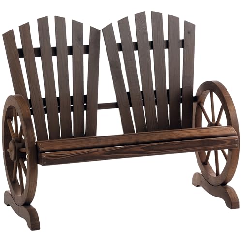 Outsunny 2 Seater Adirondack Garden Bench, Comfortable Fir Wood Outdoor Patio Bench with Wagon Wheel-Shaped Armrests, Wooden Loveseat, Carbonized Colour