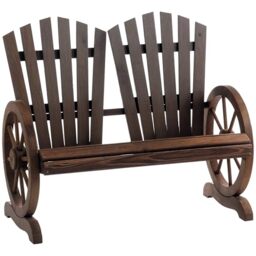 Outsunny 2 Seater Adirondack Garden Bench, Comfortable Fir Wood Outdoor Patio Bench with Wagon Wheel-Shaped Armrests, Wooden Loveseat, Carbonized Colour