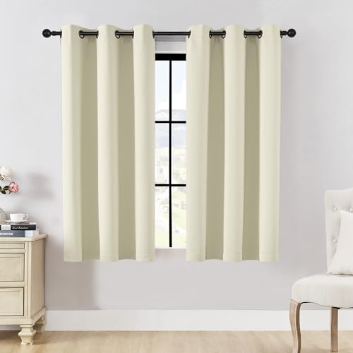 HUTO Short Beige Blackout Curtains Drapes - Thermal Insulated Antique Copper Grommet Black Out Drapery Panels for Basement Bathroom Small Windows, Set of 2, 42 Inch by 45 Inch, Cream White