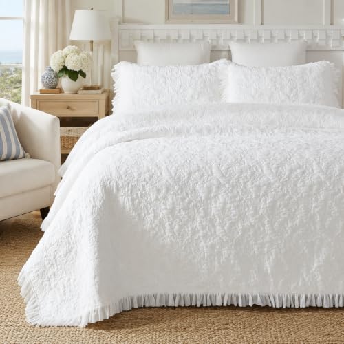 Brandream Solid White Cotton Queen Quilt Bedding Set - Queen Size Matelasse Coverlet with 2 Pillow Shams: Elegant Ruffle Bedspread, Feminine Lightweight Bedding Set