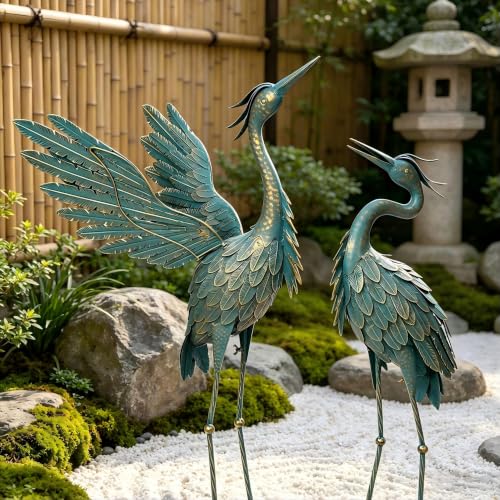 Oritty Crane Statues for Outdoor, Metal Heron Garden Statues Bird Yard Art - Standing Sculptures for Yard Lawn Pond Garden Decor, 38-42 Inch Set of 2, Cyan