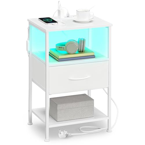 SONGMICS BELLAH Collection - Bedside Table with Charging Station, Side End Table with APP-Controlled Adjustable LED Lights, 2 Open Shelves and 1 Drawer, Bedroom, Cloud White and Snow White LGS301WH02