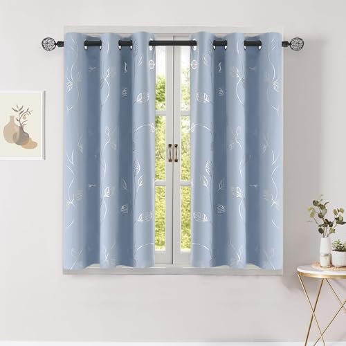 BUHUA Short Blackout Curtains for Kitchen, Half Window Treatment for Bedroom Energy Saving Privacy Shade for RV Camper Bathroom Basement, W38 x L45 inches, Baby Blue, 2 Panel Set