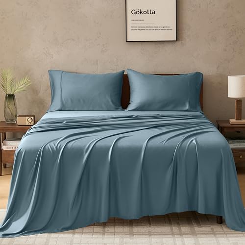 GOKOTTA 100% Bamboo Cooling Sheets Queen Size, Luxury Cozy Bed Sheets Set Deep Pocket, Super Soft Silky Bedding Sheets & Pillowcase Sets with Elastic Corner Straps for Hot Sleeper (Queen, Blue)