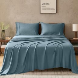 GOKOTTA 100% Bamboo Cooling Sheets Queen Size, Luxury Cozy Bed Sheets Set Deep Pocket, Super Soft Silky Bedding Sheets & Pillowcase Sets with Elastic Corner Straps for Hot Sleeper (Queen, Blue)