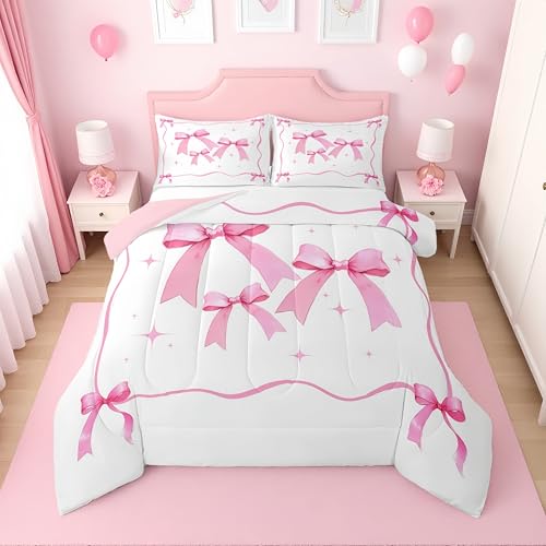 Erosebridal Girls Pink Ribbon Bow King Bedding Set - Cute Coquette Bow Tie Comforter Set for Kids Teen, Princess Bowtie Quilt, Kawaii Preppy Bows Bedroom Decor, 2 Pillowcases