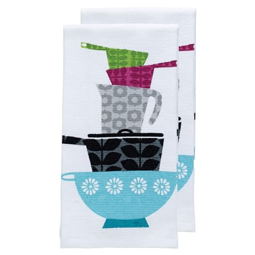 "T-Fal Textiles Double Sided Print Woven Cotton Kitchen Dish Towel Set, 2-pack, 16"" x 26"", Pots & Pans Print"