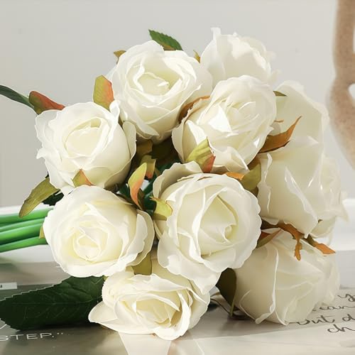Jasion Artificial Roses Flowers 12 Heads Arrangement Silk Bouquet for Home Office Parties Bridal and Wedding Decoration (Spring White)