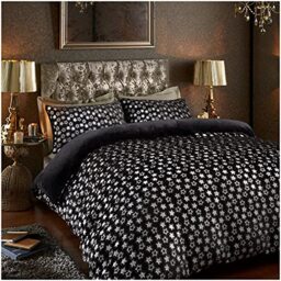 GC GAVENO CAVAILIA Teddy Fleece Star Foil Fitted Sheet, Super Soft Fluffy Cosy Warm Shiny Bedding & Bedsheet, 2 Piece Easy Care DuvetCover & Deep Elastic Band Bedlinen, Black, Double Duvet Set