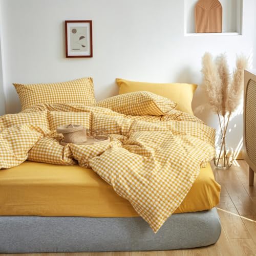 LifeTB Yellow Gingham Duvet Cover King 100% Washed Cotton Plaid Checked Duvet Cover Set Modern Soft 3 Piece Grid Bedding Set Breathable Gingham Checkered Comforter Cover with Zipper Ties