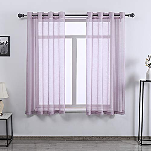 DONREN Lilac Purple Sheer Curtain Panels Short Ring Top Textured Sheer Draperies for Kids Room 2 Pack 52 W x 45 L