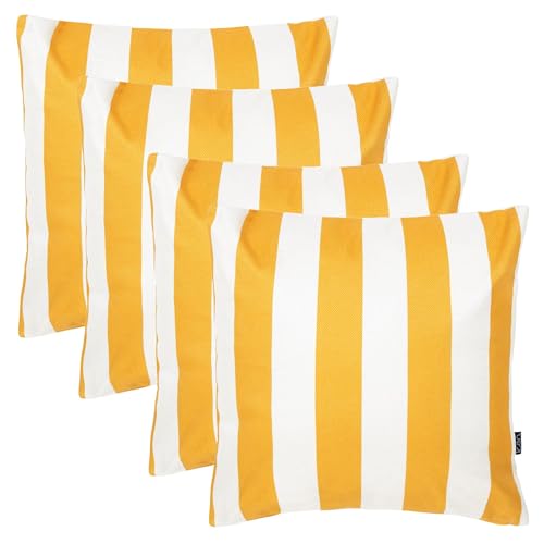 icon Indoor Outdoor Cushions Filled, Stripe Collection, Yellow, Set of 4, 43cm x 43cm, Water Resistant, Yellow Outdoor Cushions for Garden Furniture, Lounge, Garden, Patio