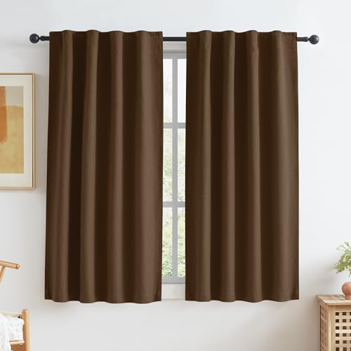 KEQIAOSUOCAI Blackout Curtains Made of Artificial Linen, 2 Panels, Loop Rod, Pocket, Hooks, Belt, Window Curtain, Curtains for Bedroom, 86 x 114 cm (W x L), Brown
