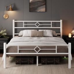 Feonase Double Bed Frame with Headboard and Footboard, Metal Platform Bed Frame Double with Underbed Storage, Solid Metal Slats Support, No Box Spring Needed, Noise Free, Easy Assembly, White