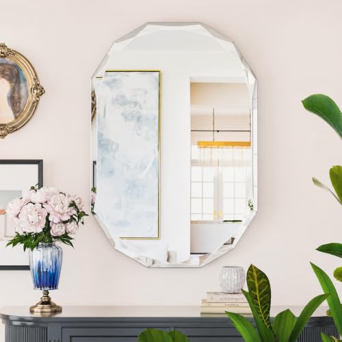 "Suidia Modern Diamond Beveled Edge Mirror, 20"" x 30"" Oval, Wall Mounted, Frameless, HD Explosion-proof Glass, Bathroom Mirror for Bedroom, Living Room, Entryway, Hallway"