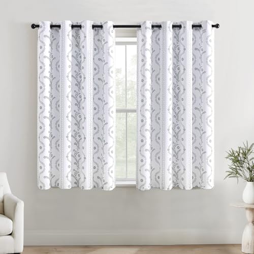 LIMON HOME 45 Inch Blackout Curtains White and Green Decorative Patterned Blackout Curtain,Cute Sage Leaf Flower Curtain, Boho Cafe Curtains for Small Window 45 Inch Length