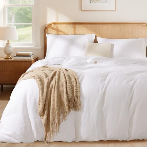 LBRO2M 100% France Linen Duvet Cover Set King Size 3 Pcs Natural Flax Comforter Cover with Zipper Closure 2 Pillowcase Breathable Duvet Cover (White King)