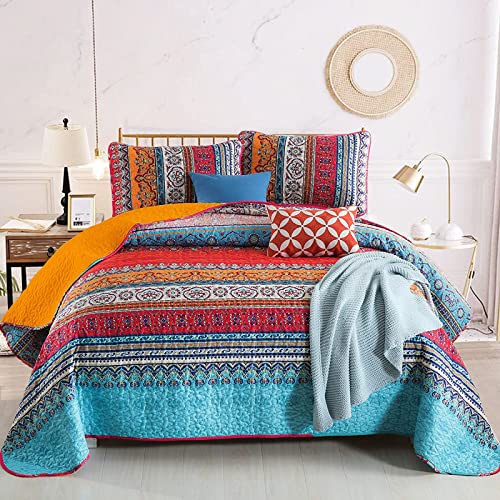 "WONGS BEDDING Boho Quilt California King Size, Orange and Blue Bohemian California King Quilt Set Oversized, All Season Lightweight Bedspread Coverlet Set for Bedroom Decro 96""x106"" (3 Pieces)"