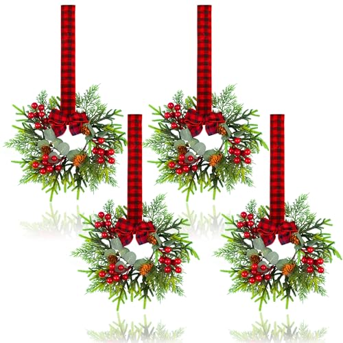4Pcs Small Christmas Wreath - Mini Wreaths with Red Berry Pine Eucalyptus Christmas Wreaths for Door Kitchen Cabinets Window Fireplaces Decor