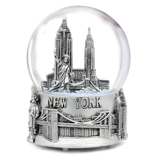 Musical Silver New York City Snow Globe with Sculpture Base, 15cm