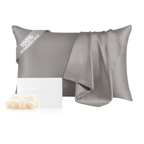 "THXSILK 100% Mulberry Silk Pillowcase for Hair and Skin, Grade 6A+ Natural Silk Pillow Cover with Hidden Zipper, Soft Breathable Smooth Organic Silk Pillowcase(Grey, Queen Size 20""x30"")"