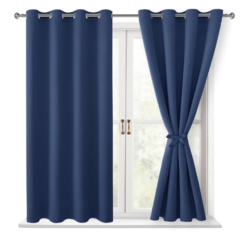 Hiasan Blackout Curtains for Bedroom - Thermal Insulated & Energy Saving Window Curtains for Living Room/Kids Room, 2 Drape Panels Sewn with Tiebacks, Navy, 52 x 45 Inch
