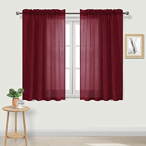 "DWCN Burgundy Sheer Curtains 45 Inch Long for Living Room 2 Panels - Short Sheer Window Curtains for Living Room/Bedroom Rod Pocket Airy Lightweight Elegant Voile Drapes, 52"" W x 45"" L"