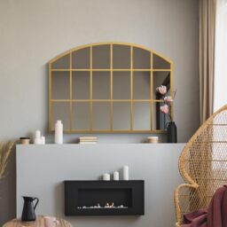 "MirrorOutlet The Arcus - Gold Framed Modern Over Mantle Arched Wall Window Mirror 35"" X 26"" (90CM X 65CM) Silver Mirror Glass with Black All weather Backing.…"
