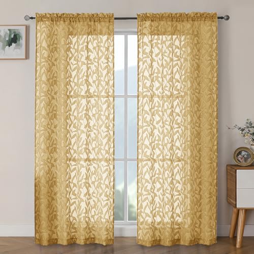 OWENIE Leyna Gold Sheer Curtains 72 Inches Long for Bedroom 2 Panels Set, Light Filtering Clip Jacquard Textured Living Room Curtains, Rod Pocket Leaves Door Drapes, Each 40Wx72L Inch