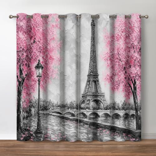 Jekeno Paris Eiffel Tower Window Blackout Curtain - 42x63 Inch Grommet Paris Eiffel Tower Blackout Curtain 2 Panel Set For Home Bedroom Living Room