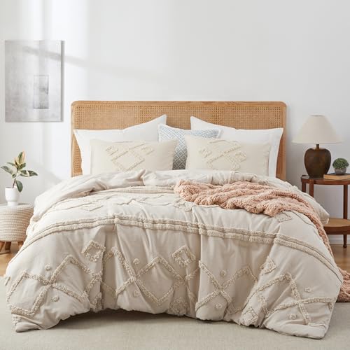Oli Anderson King Comforter Set, 3 Pieces Boho Beige Comforter Geometric Tufted Bedding Comforter Sets, Soft Fluffy Comforter with 2 Pillowcases (Beige, King)
