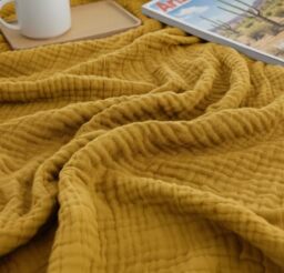 "KyraHome100% Organic Cotton 55""x60"" Muslin Throw Blanket for Couch Adults, Pre-Washed Plant & Hand Dyed Breathable Soft, Cozy, Lightweight Summer Blanket with Fringe, All Season (Mustard Yellow)"