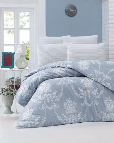 Nuit Des Rêves Ranforce King Quilt Cover Set (200 x 220 cm), 100% Cotton, Blue & White, 2 Pillowcases (80 x 80 cm) - Machine Washable, 145 Thread Count, Button Closure