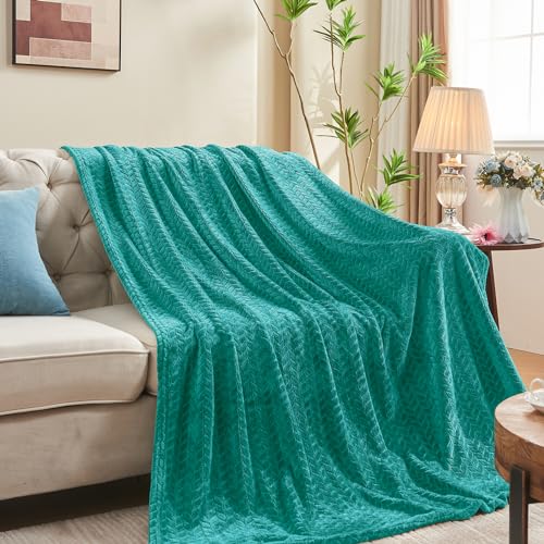 inhand Teal Fleece Twin Blanket, Super Soft Flannel Cozy Blankets for Adults, Lightweight Leaves Pattern Fuzzy Blanket for Couch Sofa Bed Office, Warm Plush Blankets for All Season, 60x90 Inches