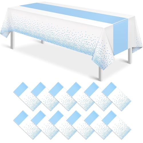 12Pcs White Light Blue Tablecloth Party Decorations,Plastic White Table Cloth Printed Baby Blue Tables Runner Disposable Rectangle Table Cover for Birthday Baby Shower Wedding Party,54 x108 Inch